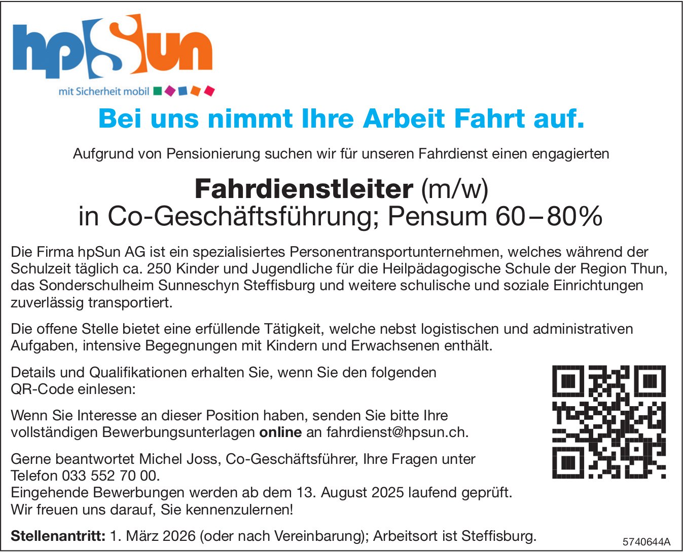 Fahrdienstleiter (m/w) in Co-Geschäftsführung; Pensum 60-80%, hpSun AG, Steffisburg, gesucht
