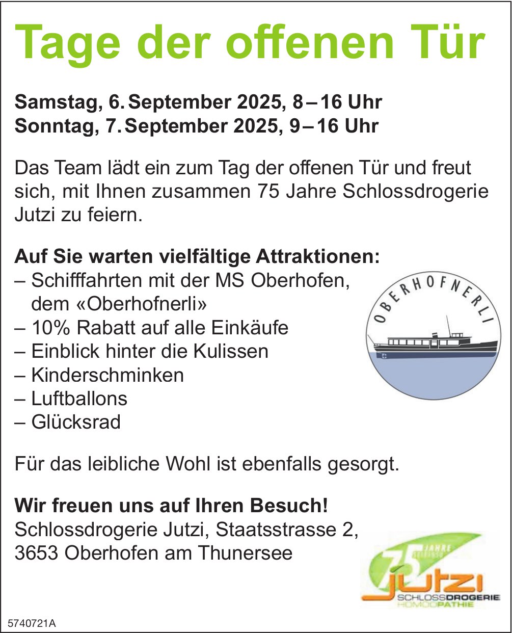Tage der offenen Tür, 6. und 7. September, Schlossdrogerie Jutzi, Oberhofen am Thunersee
