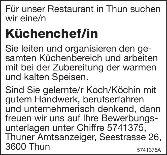 Küchenchef/in, Restaurant, Thun, gesucht