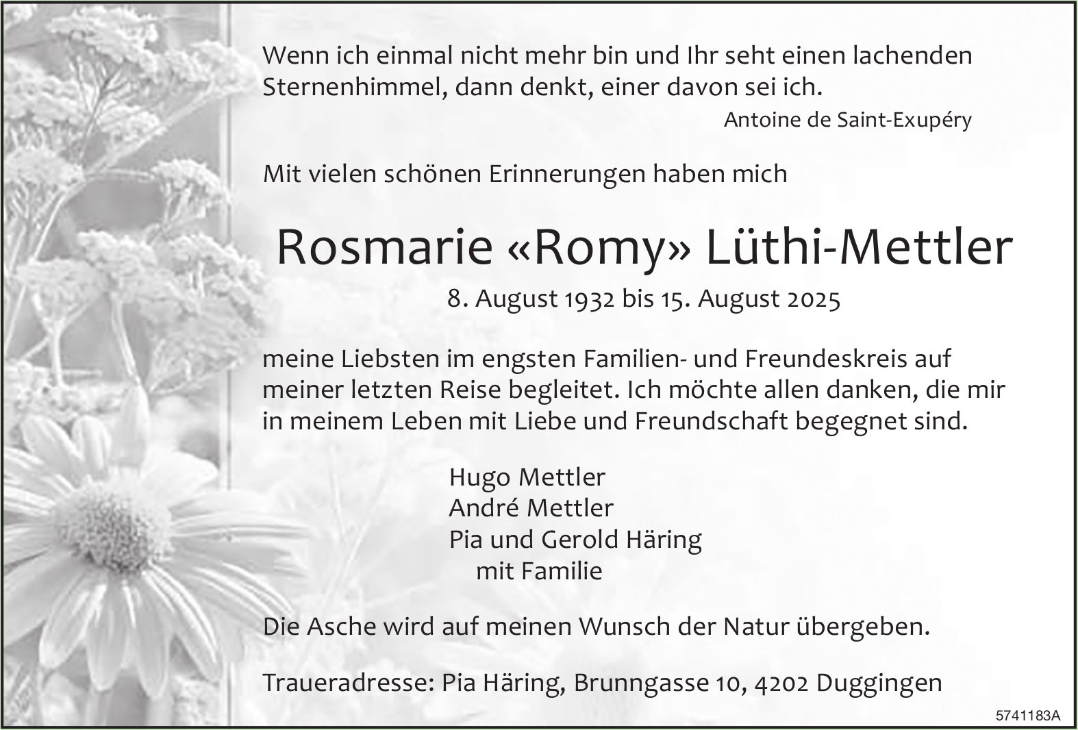 Lüthi-Mettler Rosmarie «Romy», August 2025 / TA