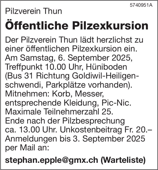 Öffentliche Pilzexkursion, 6. September, Hüniboden