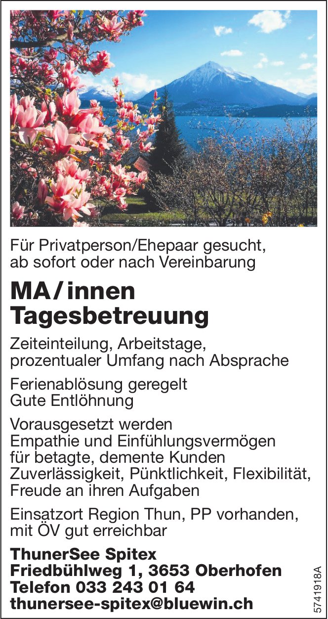 MA / innen Tagesbetreuung, ThunerSee Spitex, Oberhofen, gesucht
