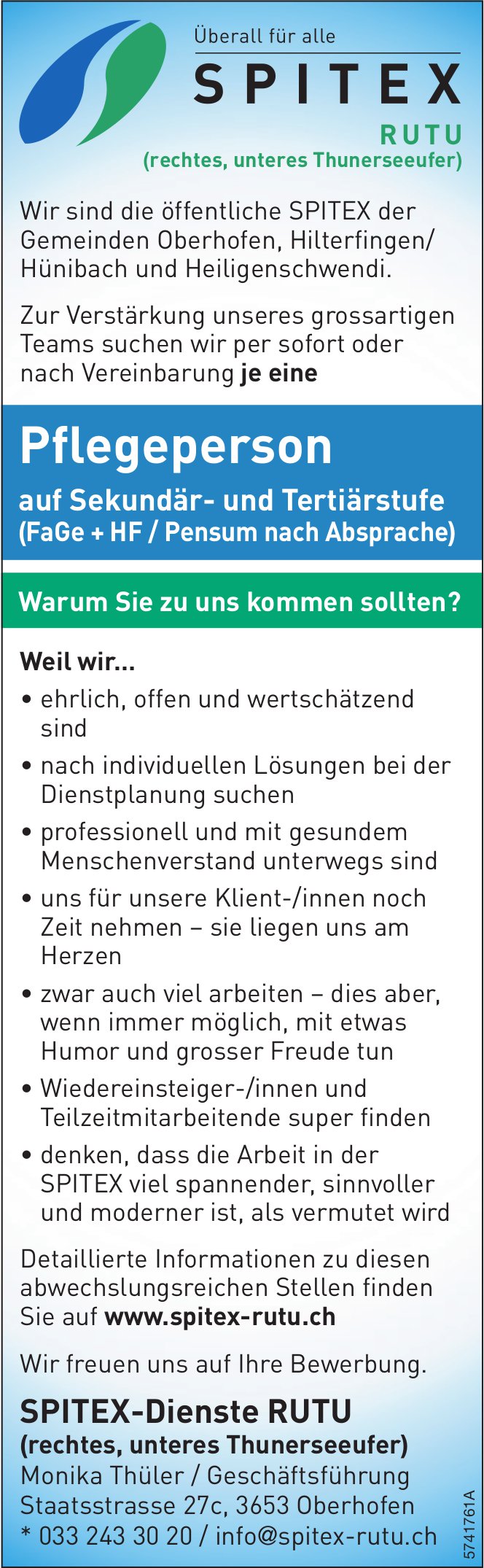Pflegeperson, Spitex RUTU, Oberhofen, gesucht