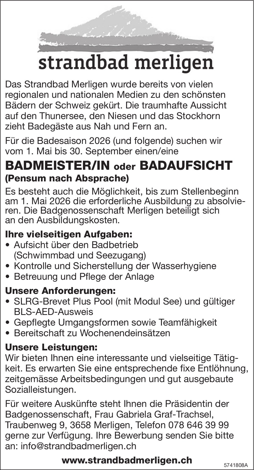 Badmeister oder Badaufsicht, Strandbad, Merligen, gesucht