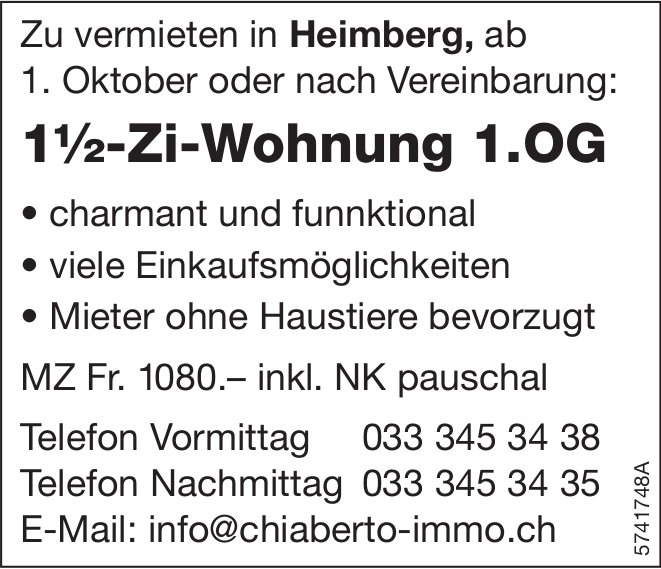 1.5-Zi-Wohnung, Heimberg, zu vermieten