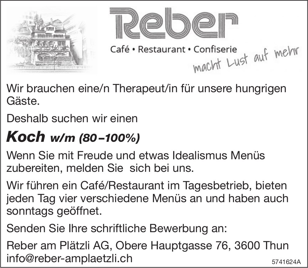 Koch w/m (80-100%), Reber am Plätzli AG, Thun, gesucht