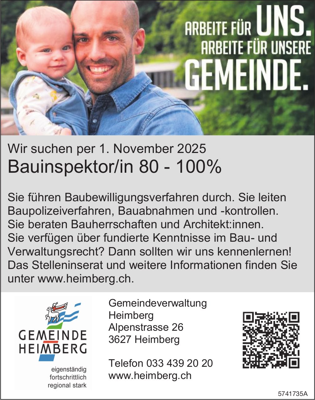 Bauinspektor/in 80-100%, Gemeinde, Heimberg, gesucht