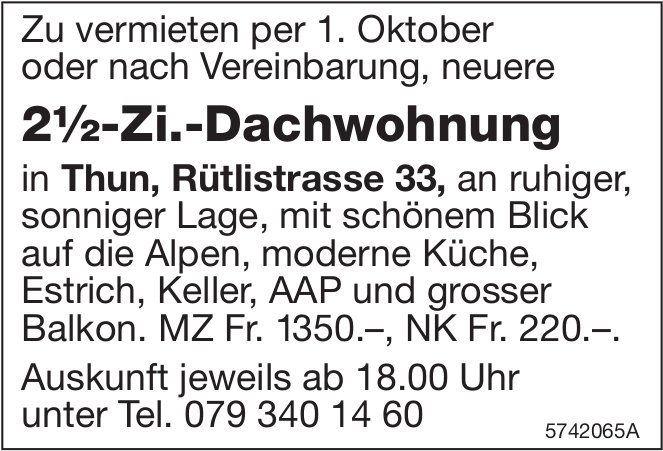 2.5-Zi.-Dachwohnung, Thun, zu vermieten