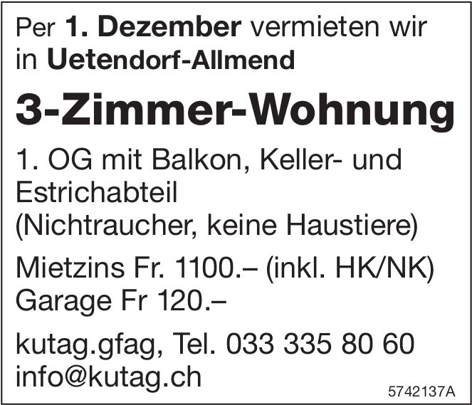 3-Zimmer-Wohnung, Uetendorf-Allmend, zu vermieten