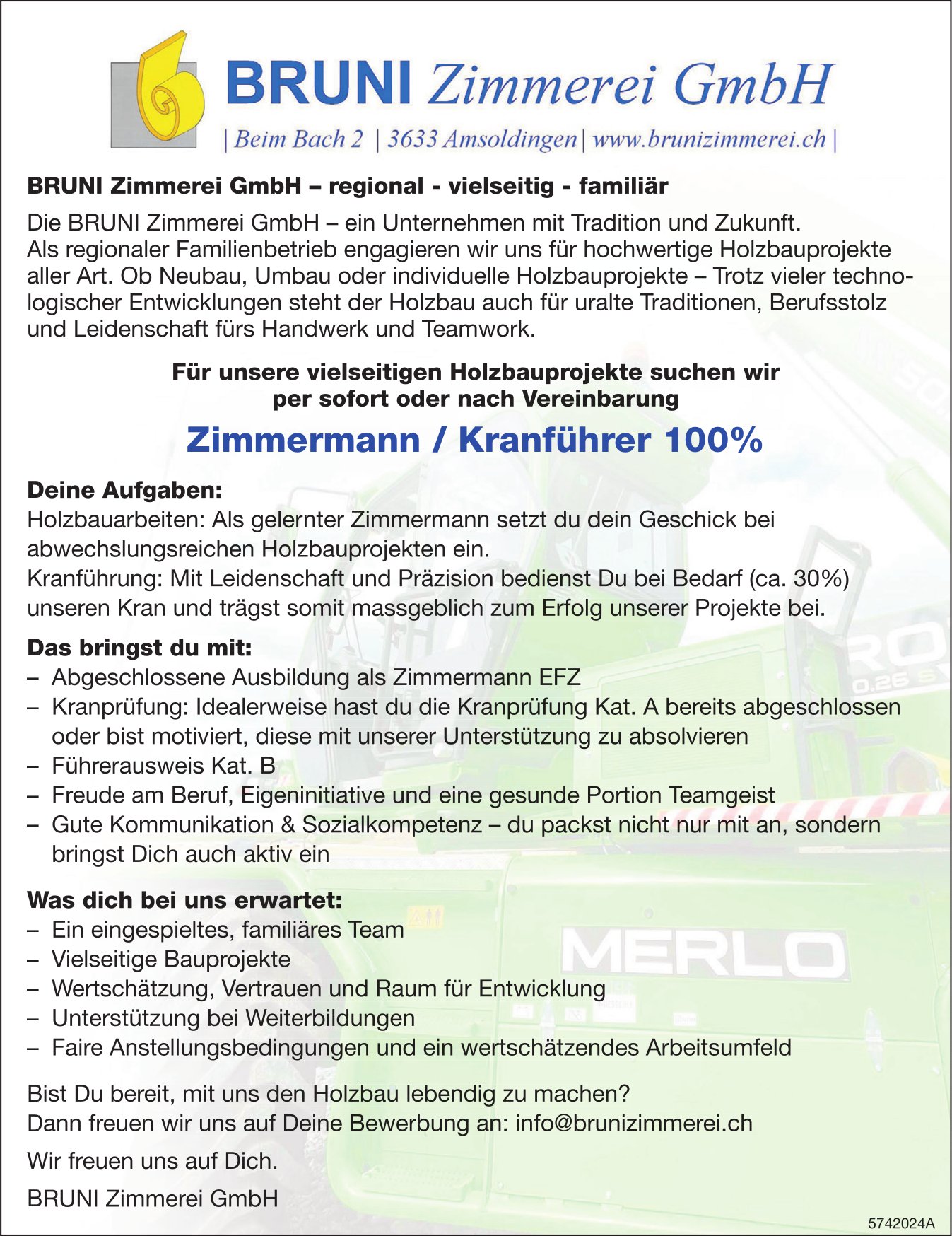 Zimmermann / Kranführer 100%, BRUNI Zimmerei GmbH, Amsoldingen, gesucht