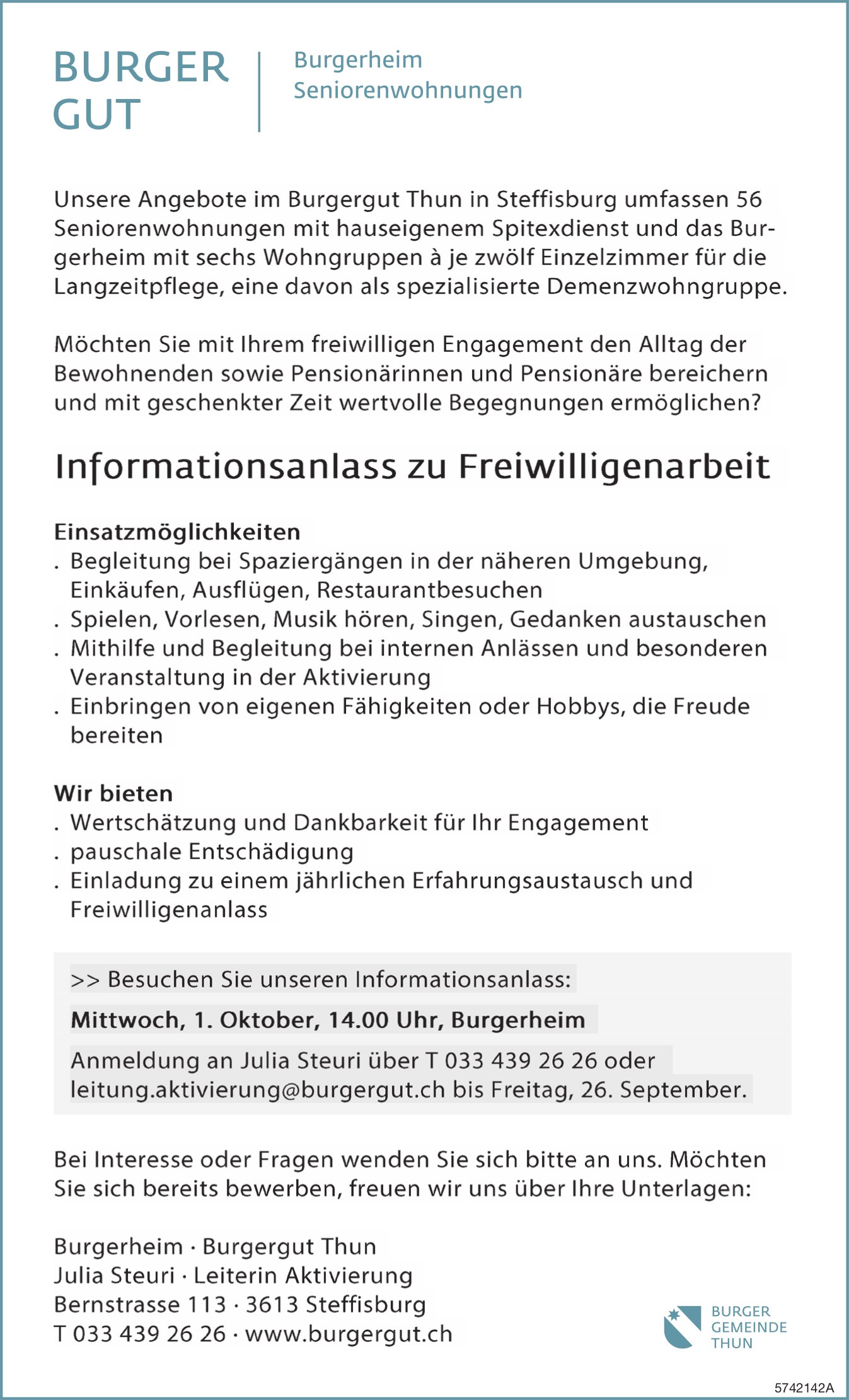 Informationsanlass zu Freiwilligenarbeit, 1. Oktober, Burgerheim, Steffisburg