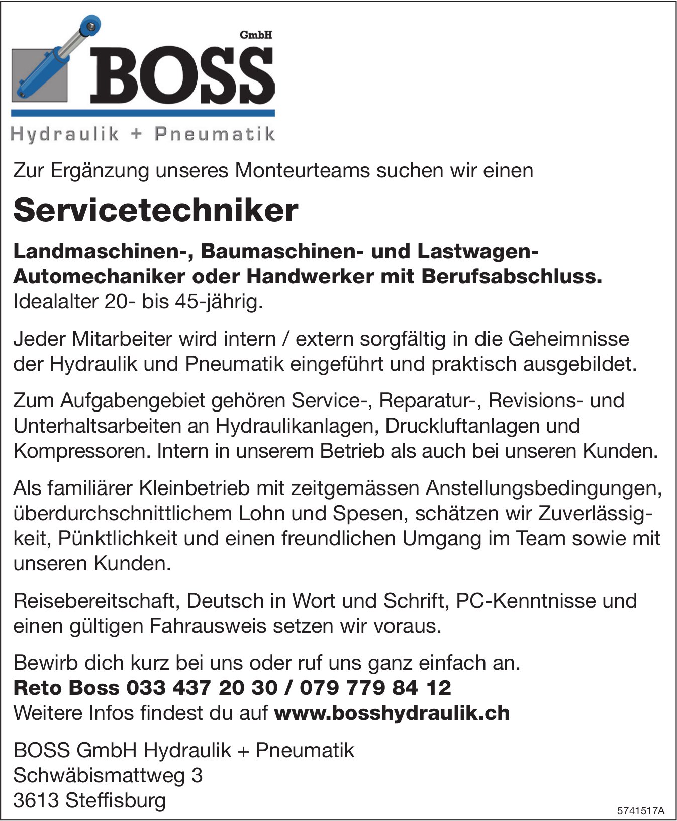 Servicetechniker, BOSS GmbH, Steffisburg, gesucht
