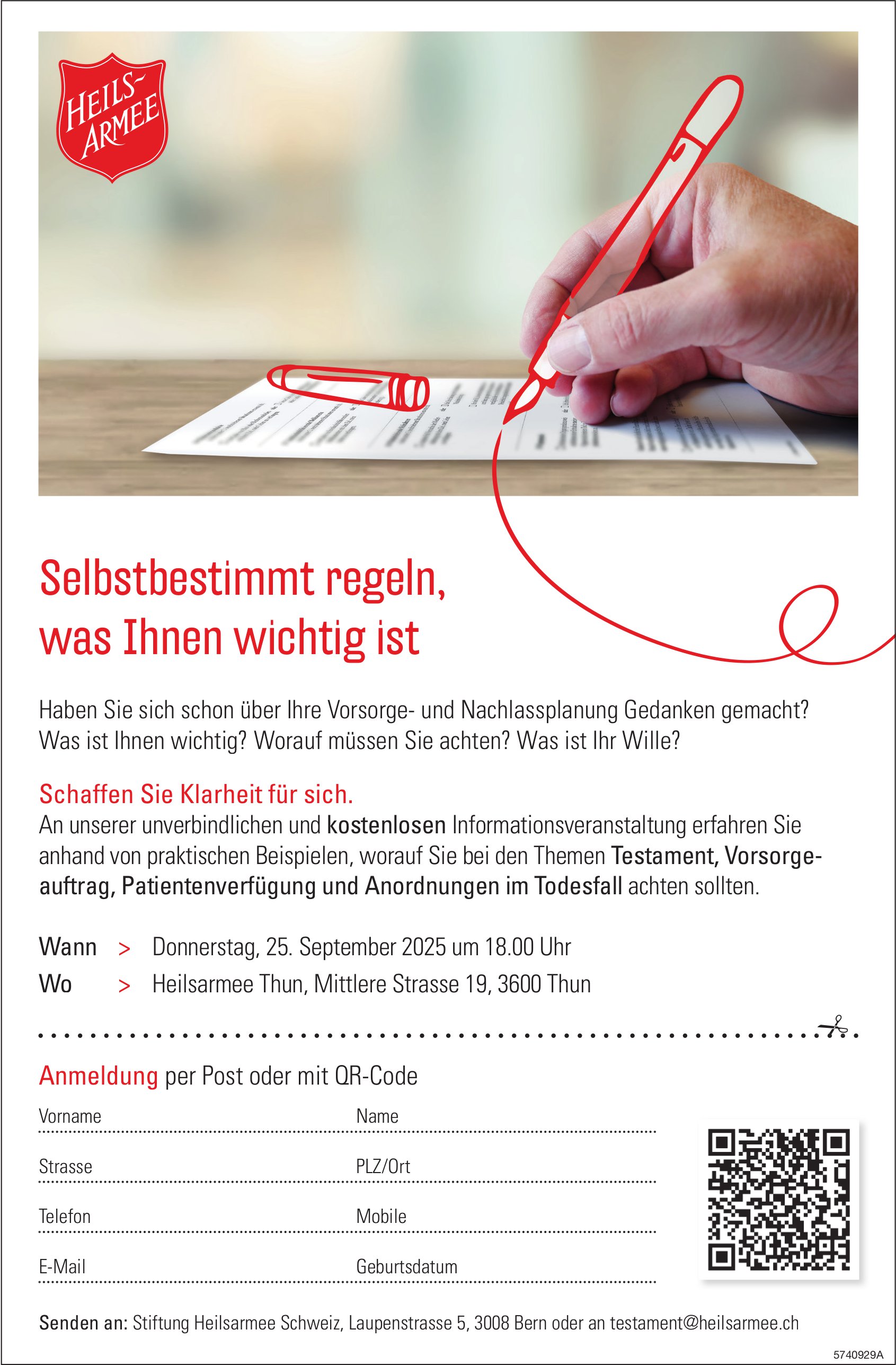Selbstbestimmt regeln, was Ihnen wichtig ist, 25. September, Heilsarmee, Thun