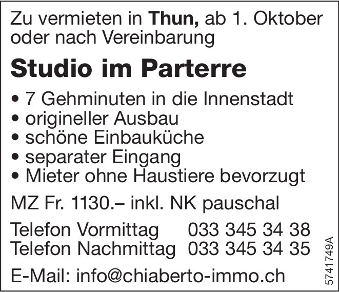 Studio im Parterre, Thun, zu vermieten