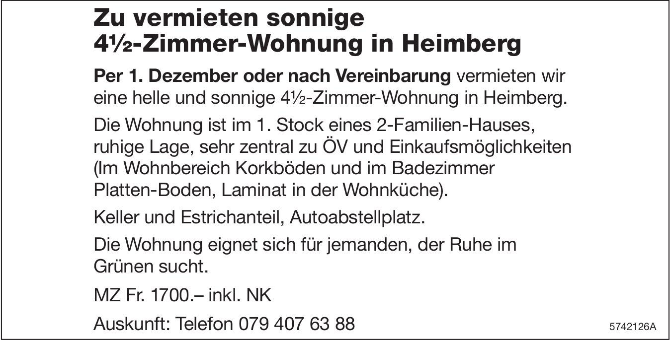 4.5-Zimmer-Wohnung, Heimberg, zu vermieten