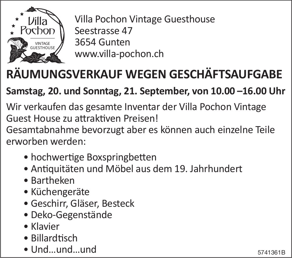 Räumungsverkauf, 20. und 21. September, Villa Pochon, Gunten
