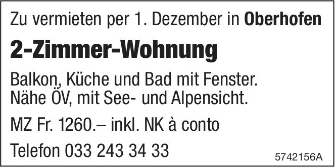 2-Zimmer-Wohnung, Oberhofen, zu vermieten