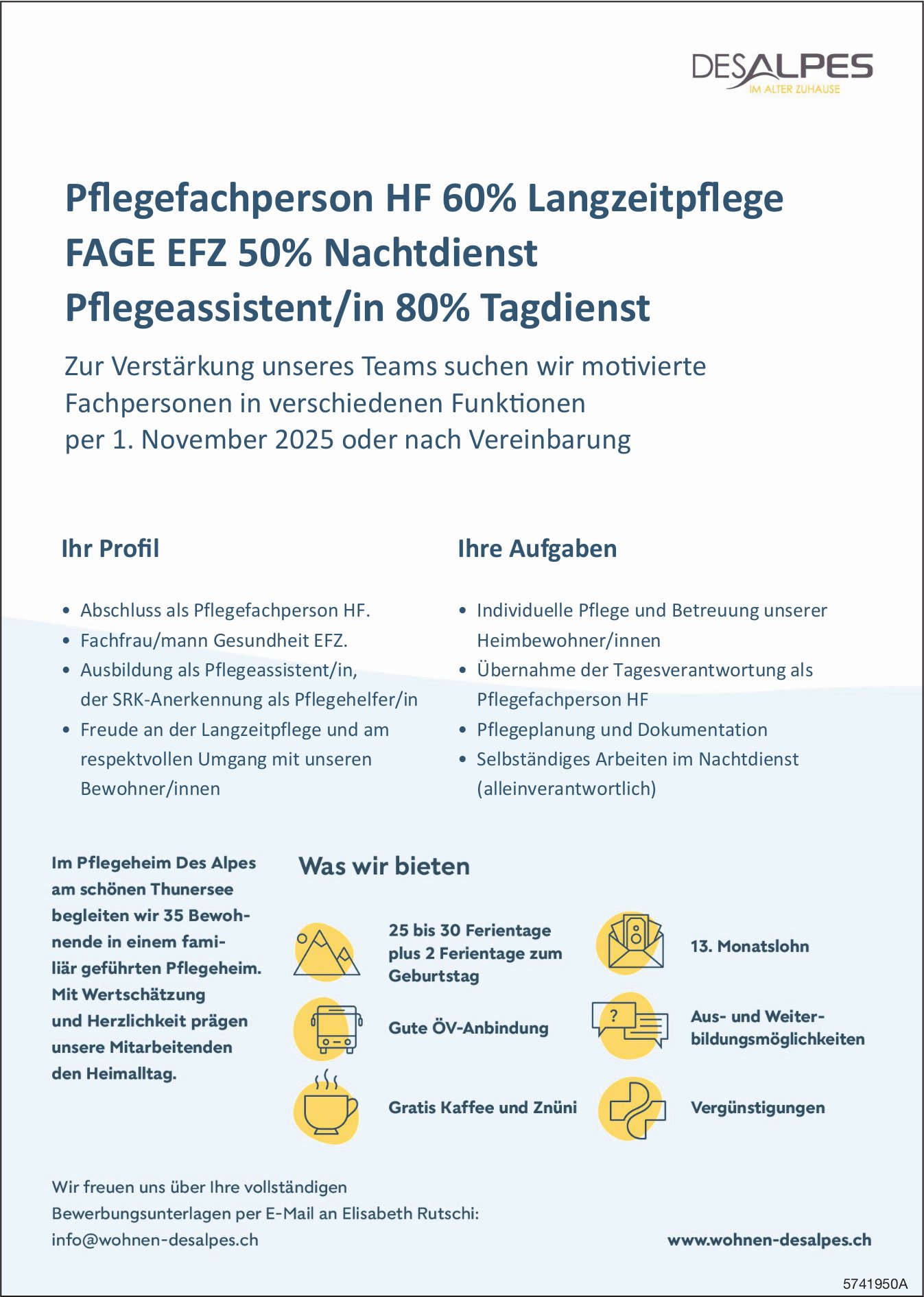 Pflegefachperson HF 60% Langzeitpflege, FAGE EFZ 50% Nachtdienst und Pflegeassistent/in 80% Tagdienst, Pflegeheim Desalpes, gesucht