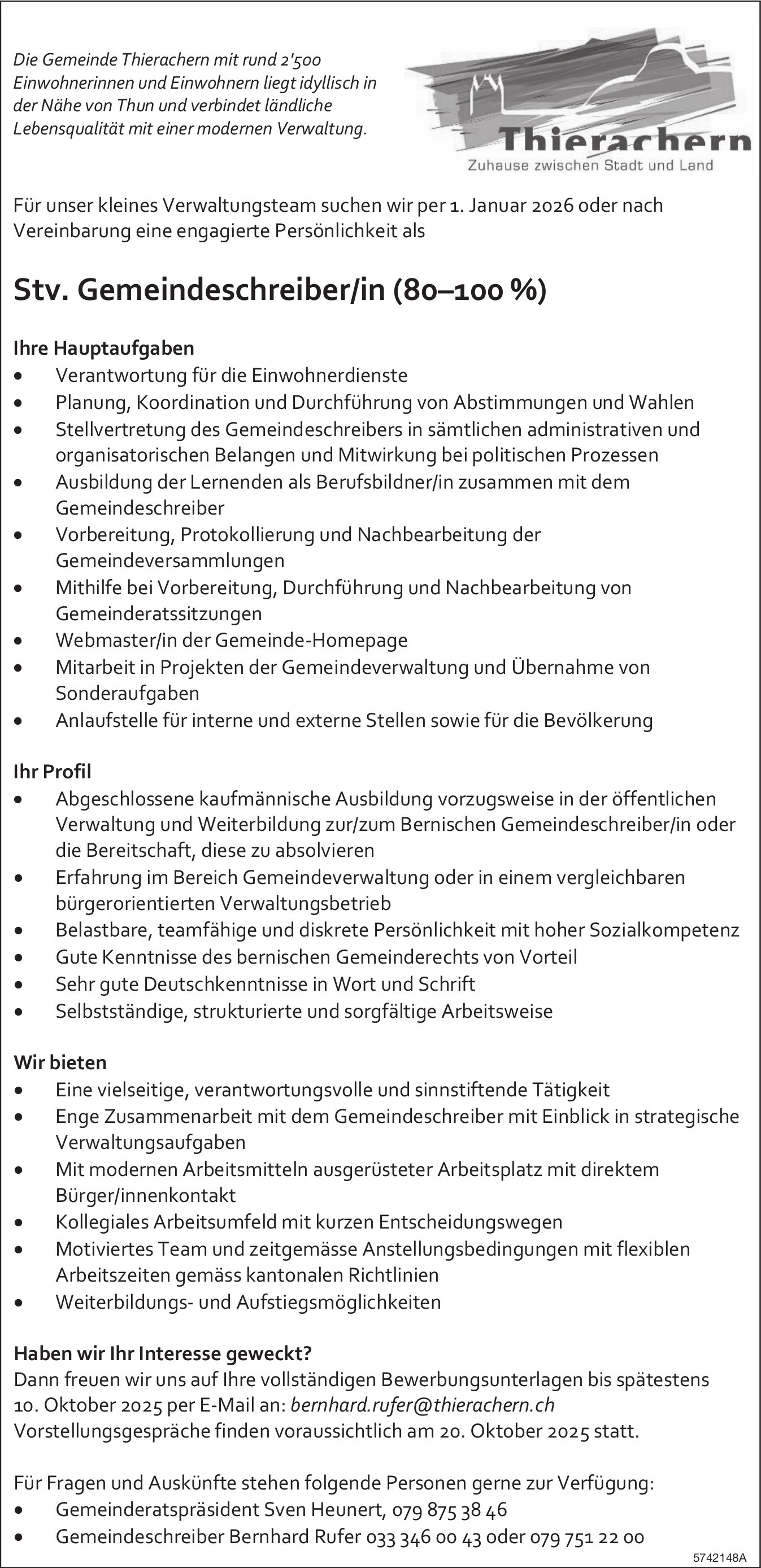 Stv. Gemeindeschreiber/in (80-100%), Gemeinde, Thierachern, gesucht