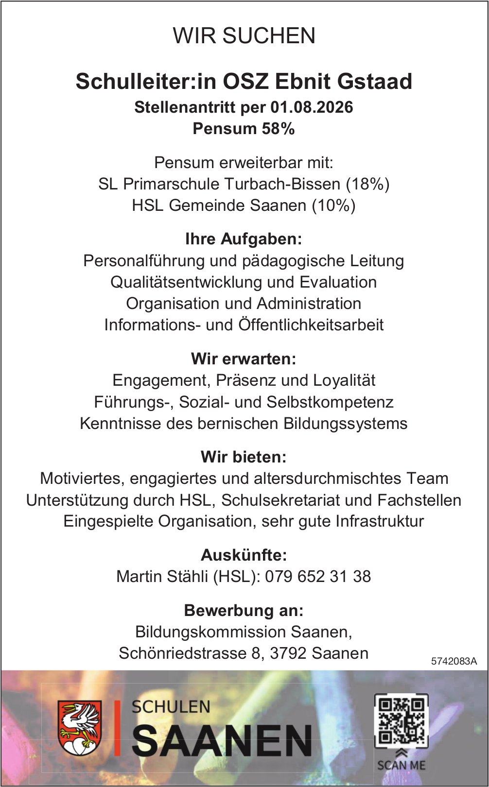 Schulleiter:in, OSZ Ebnit, Gstaad, gesucht