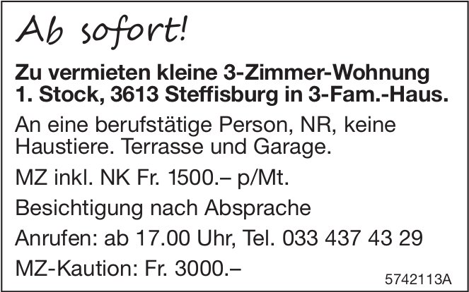3-Zimmer-Wohnung, Steffisburg, zu vermieten