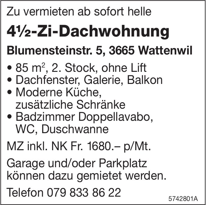 4.5-Zi-Dachwohnung, Wattenwil, zu vermieten