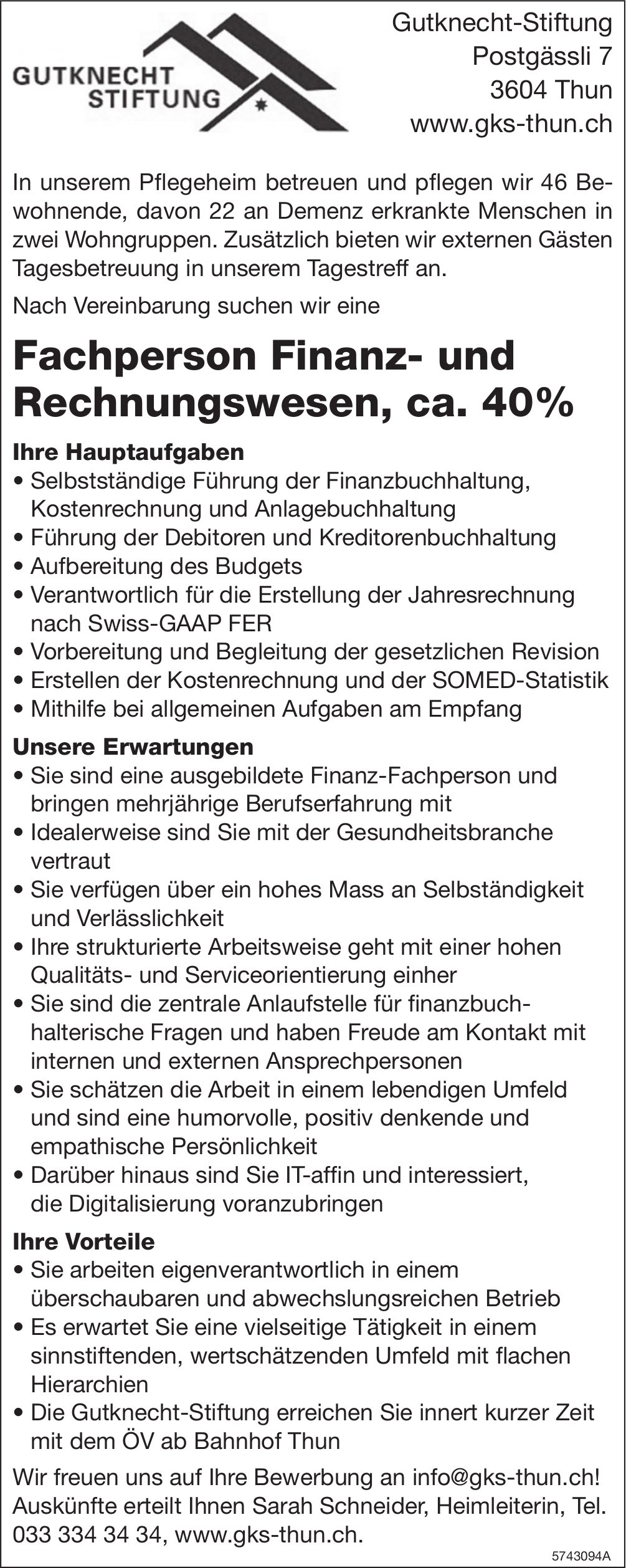 Fachperson Finanz- und Rechnungswesen 40%, Gutknecht-Stiftung, Thun, gesucht
