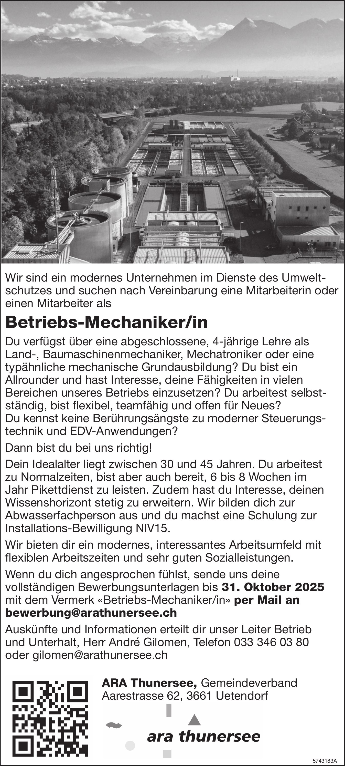 Betriebs-Mechaniker/in, ARA Thunersee, Uetendorf, gesucht