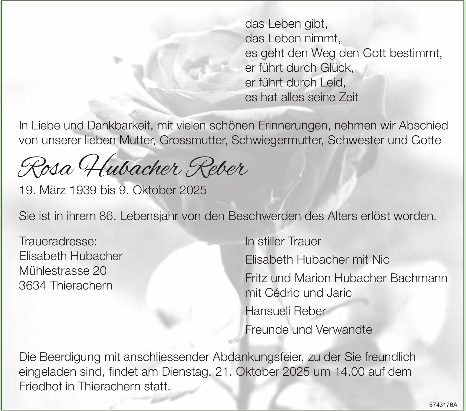 Reber Rosa Hubacher, Oktober 2025 / TA