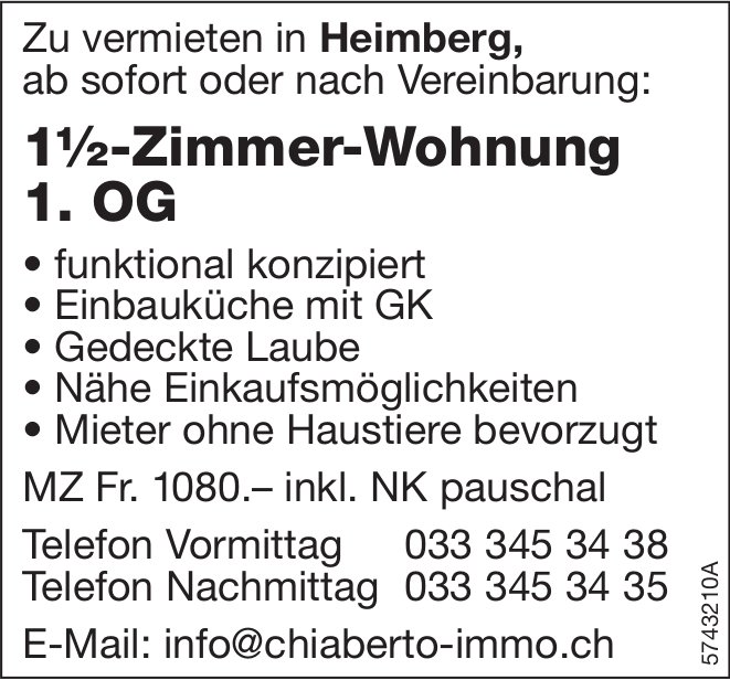 1.5-Zimmer-Wohnung, Heimberg, zu vermieten