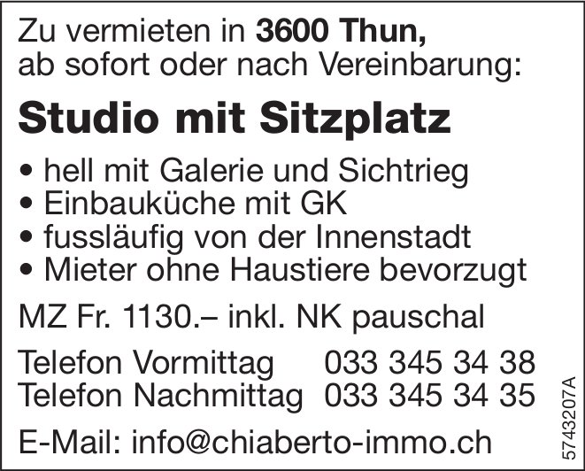 Studio mit Sitzplatz, Thun, zu vermieten