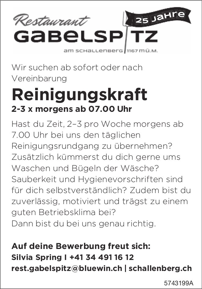 Reinigungskraft, Restaurant Gabelsitz, Schallenberg, gesucht
