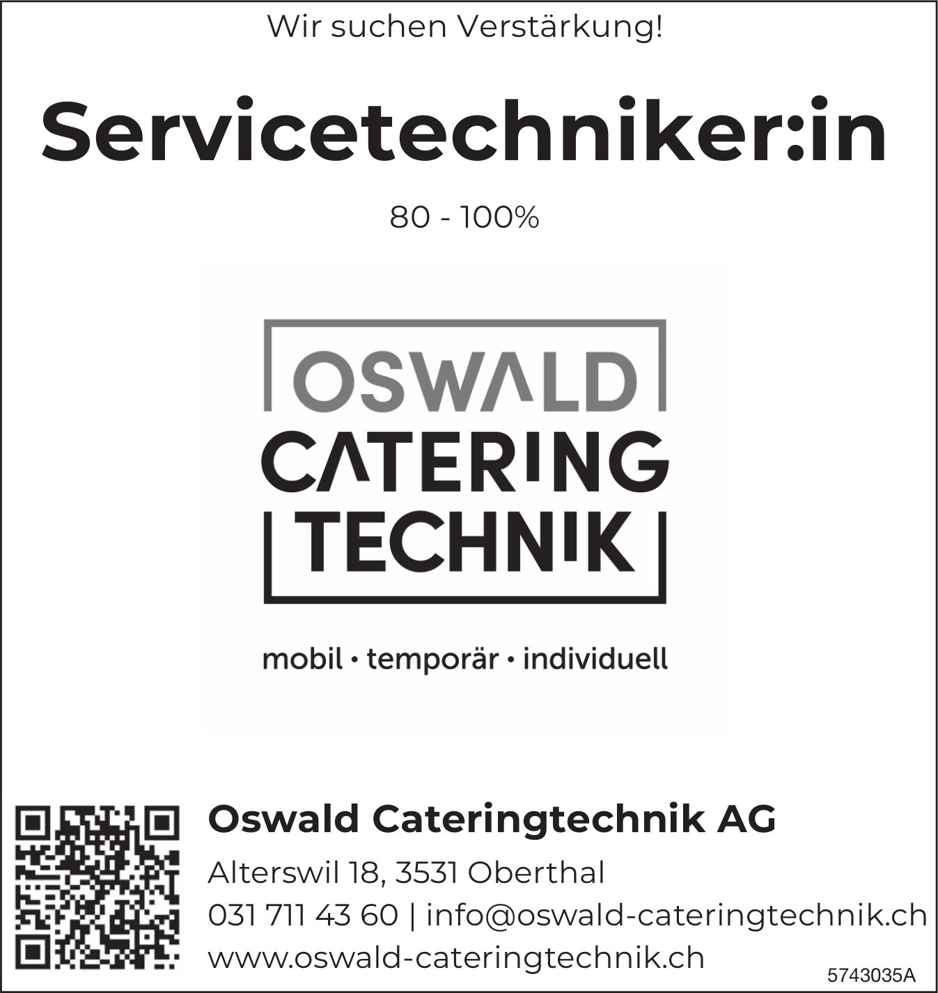 Servicetechniker:in 80-100%, Oswald Cateringtechnik AG, Oberthal, gesucht