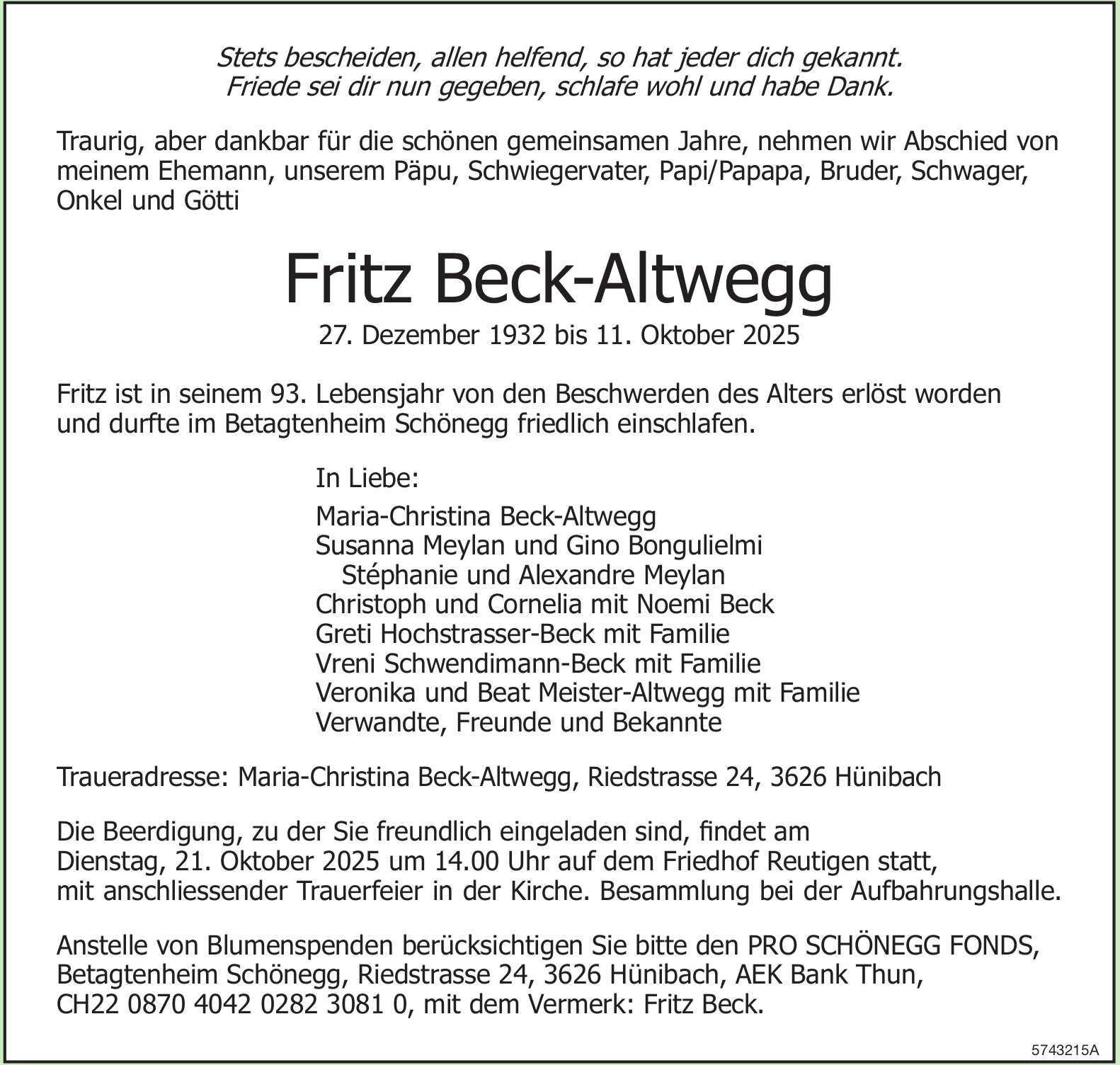 Beck-Altwegg Fritz, Oktober 2025 / TA