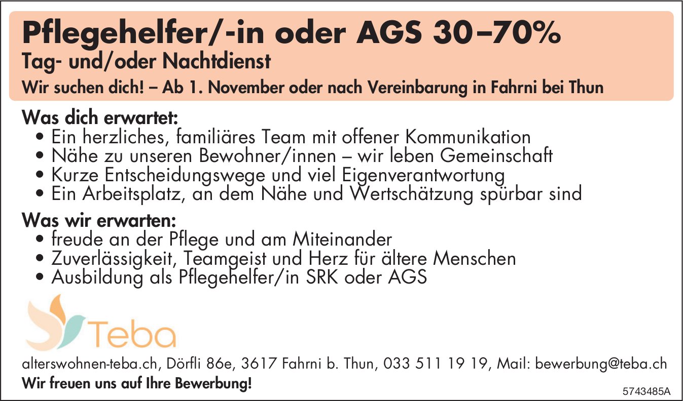 Pflegehelfer/-in oder AGS 30-70%, Alterswohnen Teba, Fahrni b. Thun, gesucht