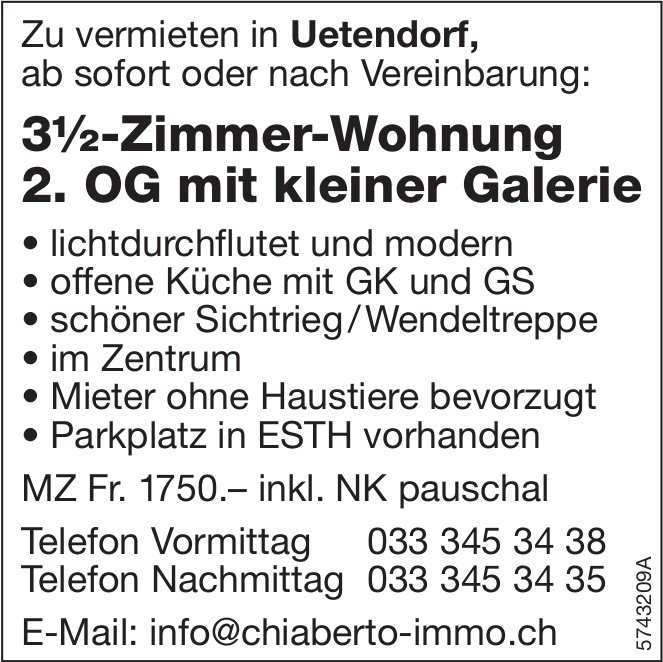 3.5-Zimmer-Wohnung, Uetendorf, zu vermieten