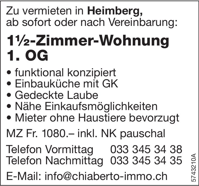 1.5-Zimmer-Wohnung, Heimberg, zu vermieten
