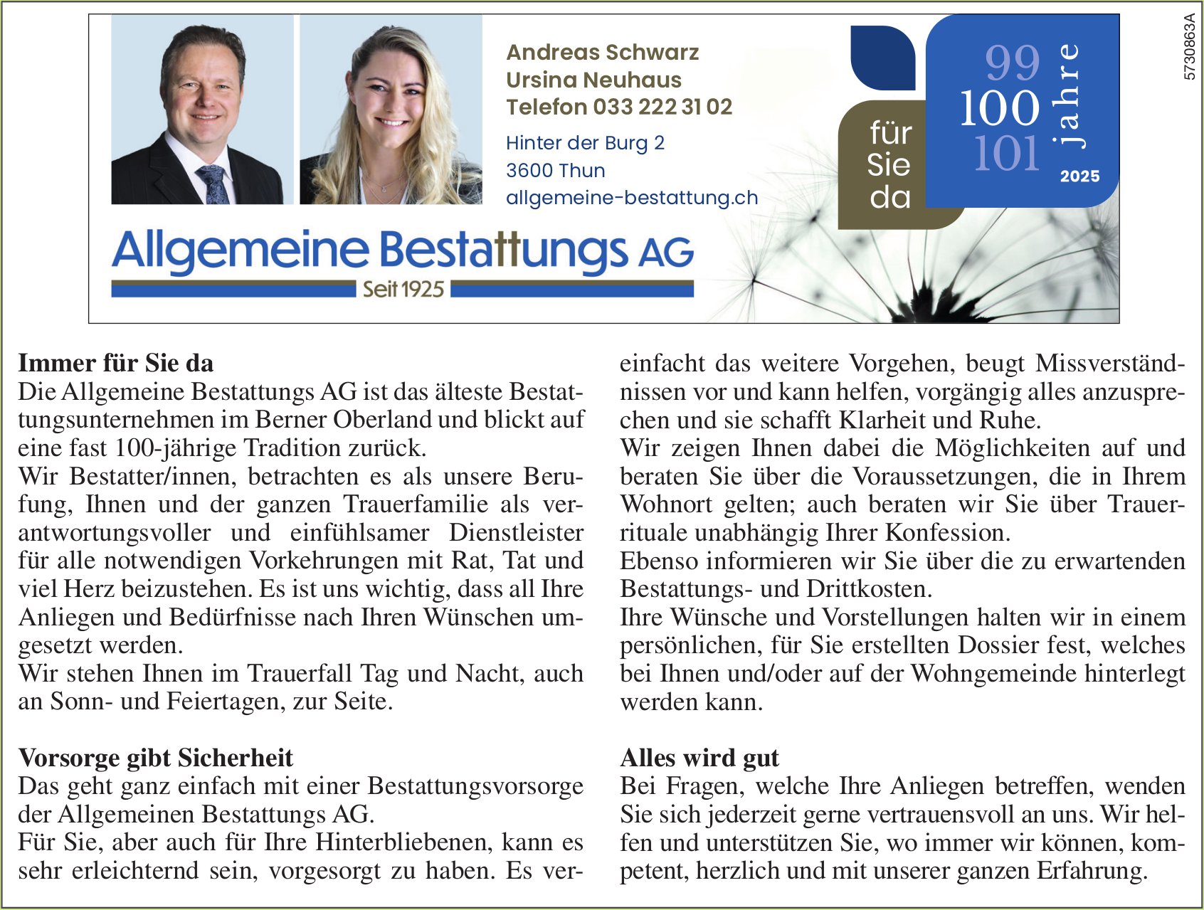 Allgemeine Bestattungs AG, Thun - Immer für Sie da