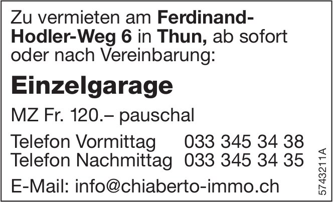 Einzelgarage, Thun, zu vermieten