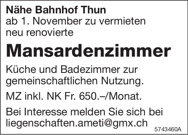 Mansardenzimmer, Thun, zu vermieten