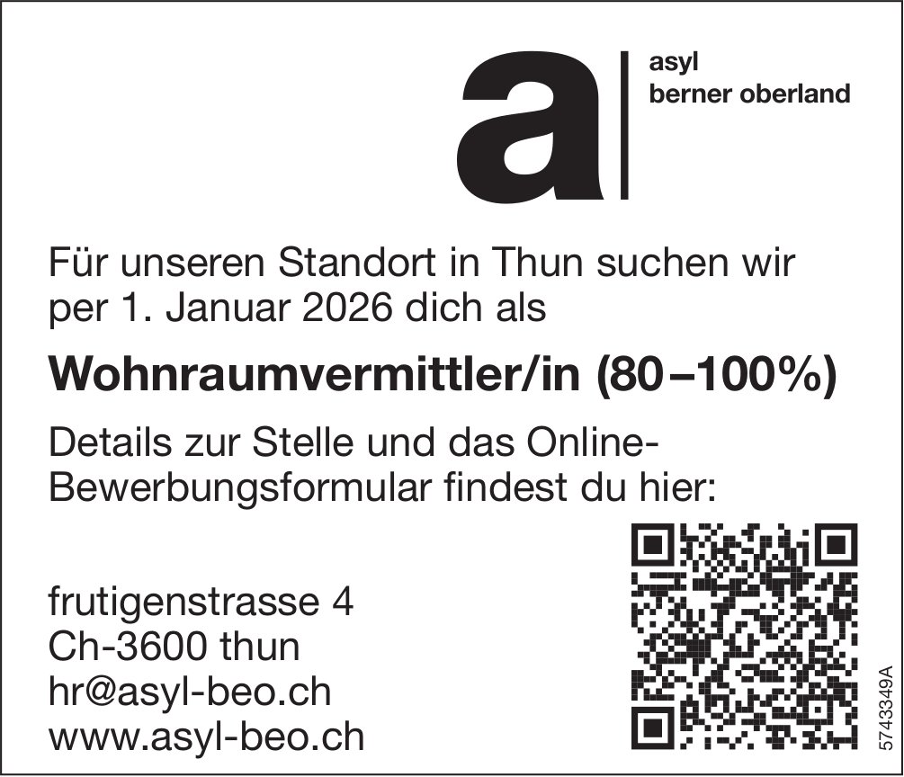 Wohnraumvermittler/in (80-100%), Asyl Berner Oberland, Thun, gesucht
