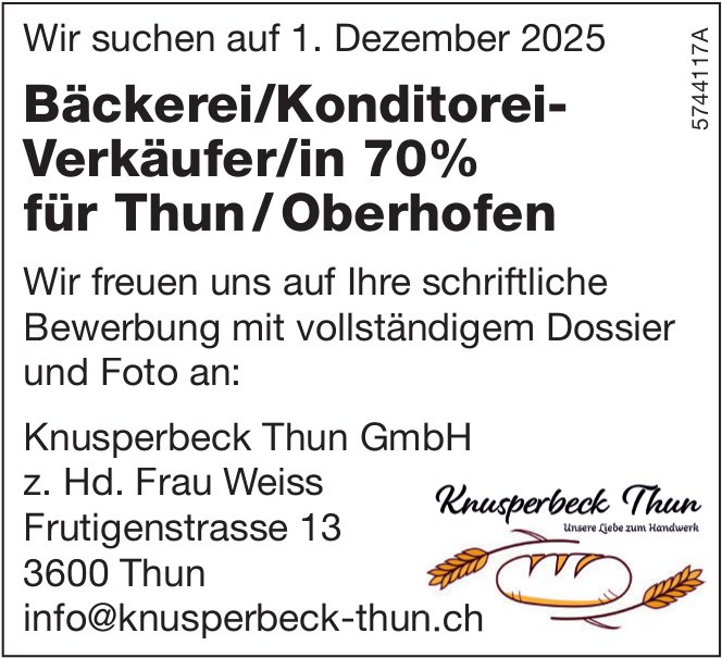 Bäckerei/Konditorei-Verkäufer/in 70%, Knusperbeck Thun GmbH, Thun/Oberhofen, gesucht
