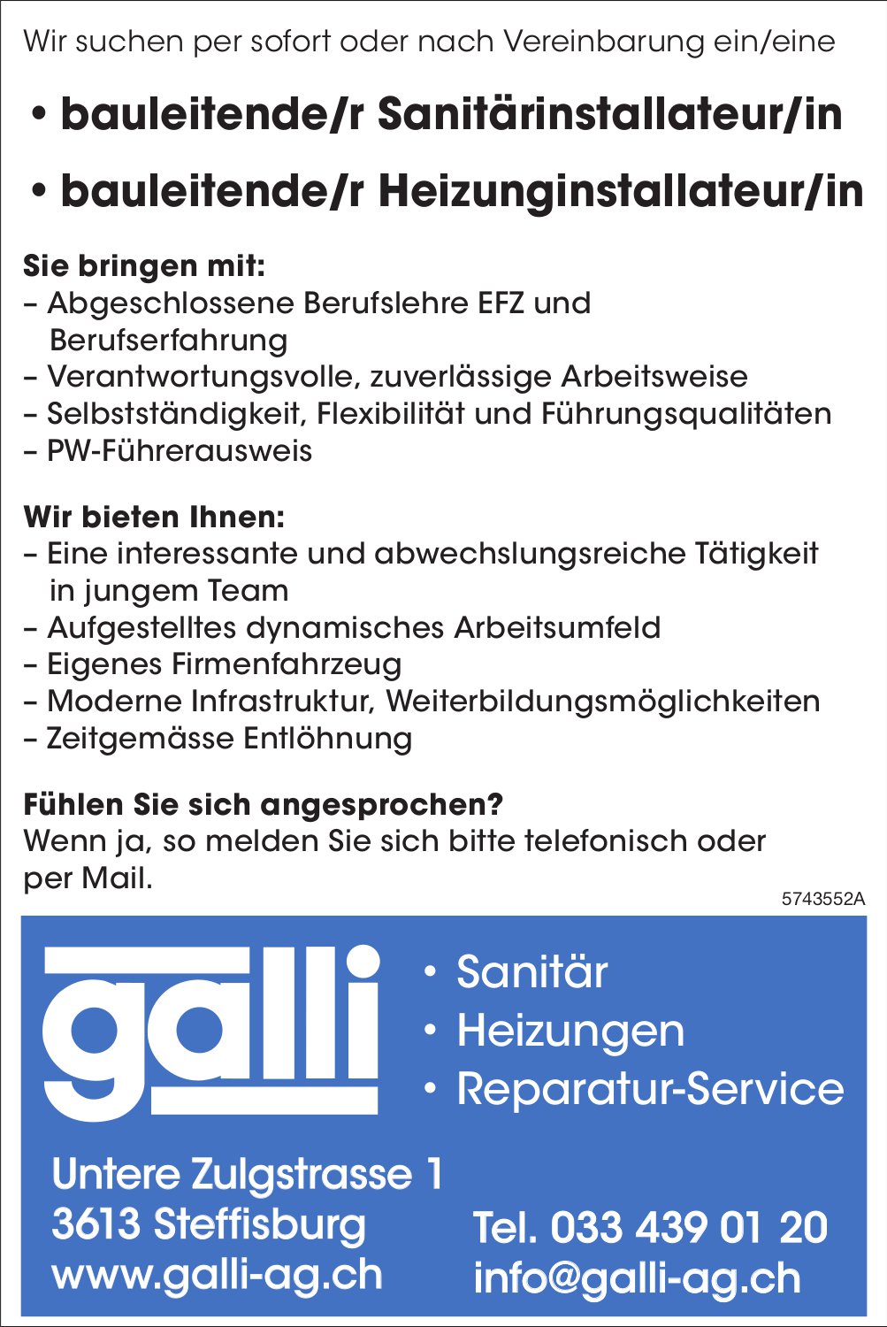 Bauleitende/r Sanitärinstallateur/in und Bauleitende/r Heizunginstallateur/in, Galli AG, Steffisburg, gesucht
