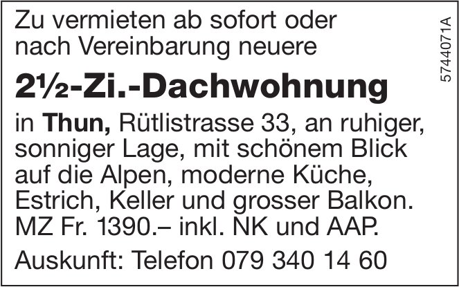 2.5-Zi.-Dachwohnung, Thun, zu vermieten