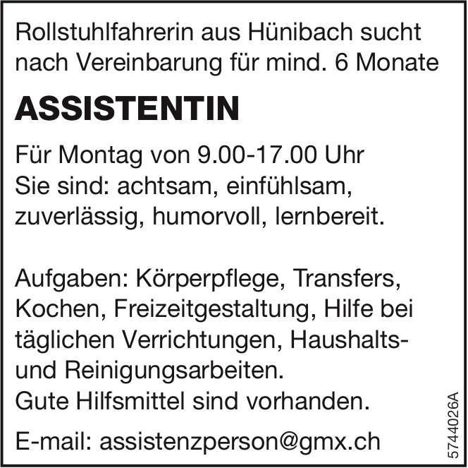 Assistentin, Rollstuhlfahrerin, Hünibach, gesucht