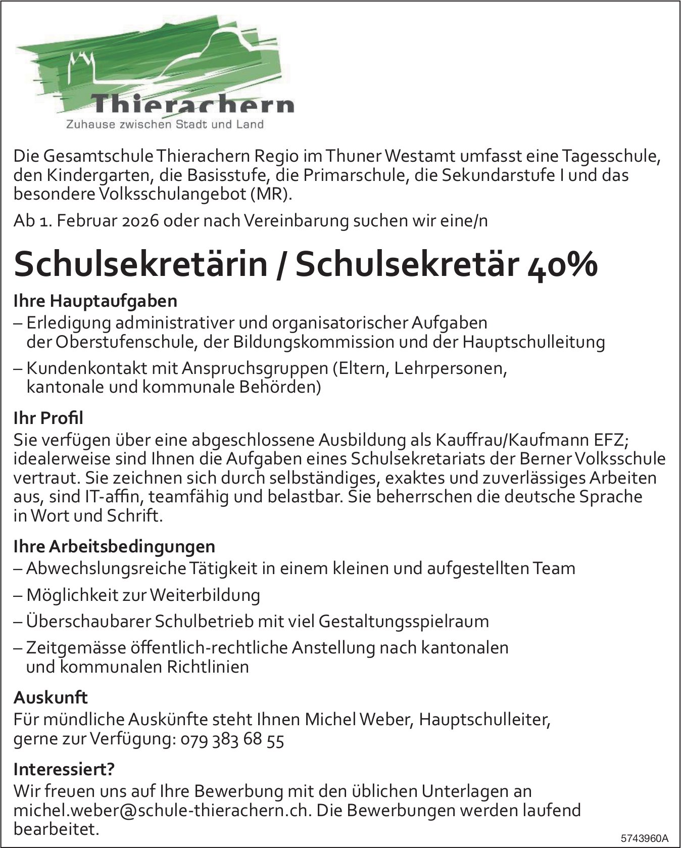 Schulsekretär/in 40%, Gesamtschule, Thierachern, gesucht