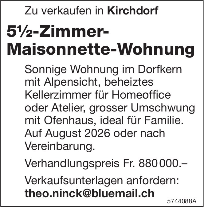 5.5-Zimmer-Maisonnette-Wohnung, Kirchdorf, zu verkaufen