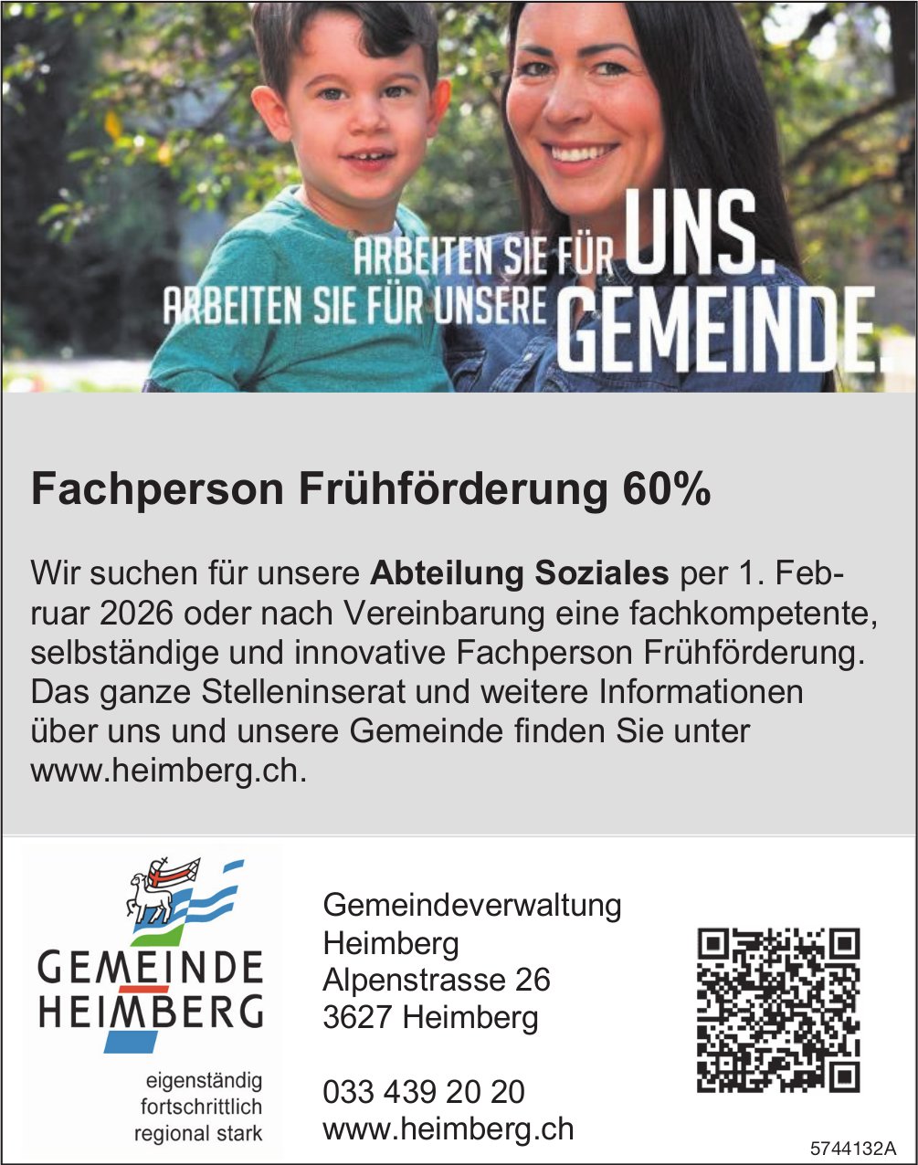 Fachperson Frühförderung 60%, Gemeinde, Heimberg, gesucht