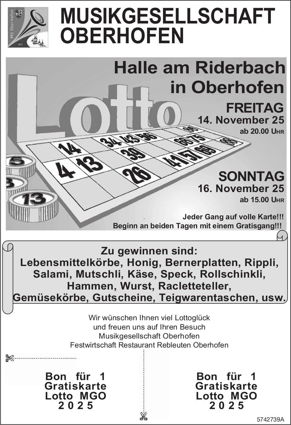 Lotto Musikgesellschaft, 14. und 16. November, Halle am Riderbach, Oberhofen