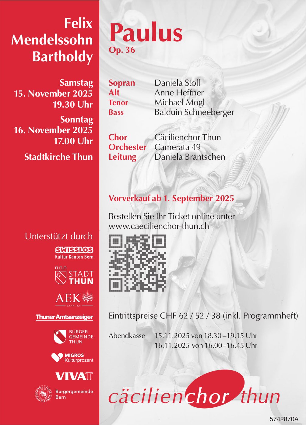 Felix Mendelssohn Bartholdy, 15. und 16. November, Stadtkirche, Thun